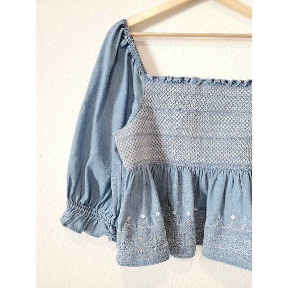 American Eagle Denim Embroidered Square Neck Smocked Top L - Picture 3 of 7